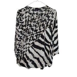 Women's Rafaella Black White Tan V-Neck Quarter  3/4 Sleeve Blouse Size M